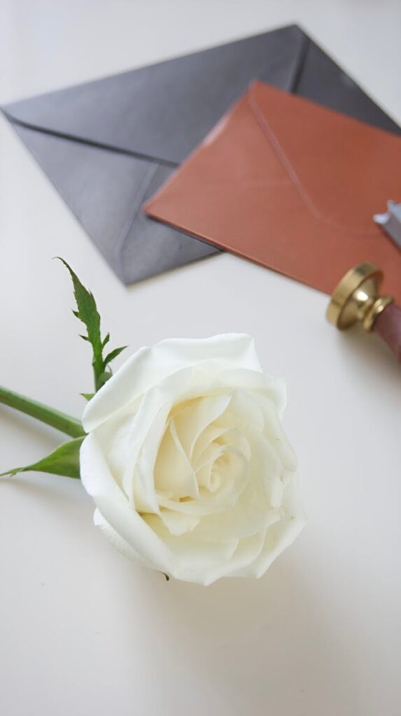 A white rose with envelopes and a seal, perfect for weddings or romantic themes.